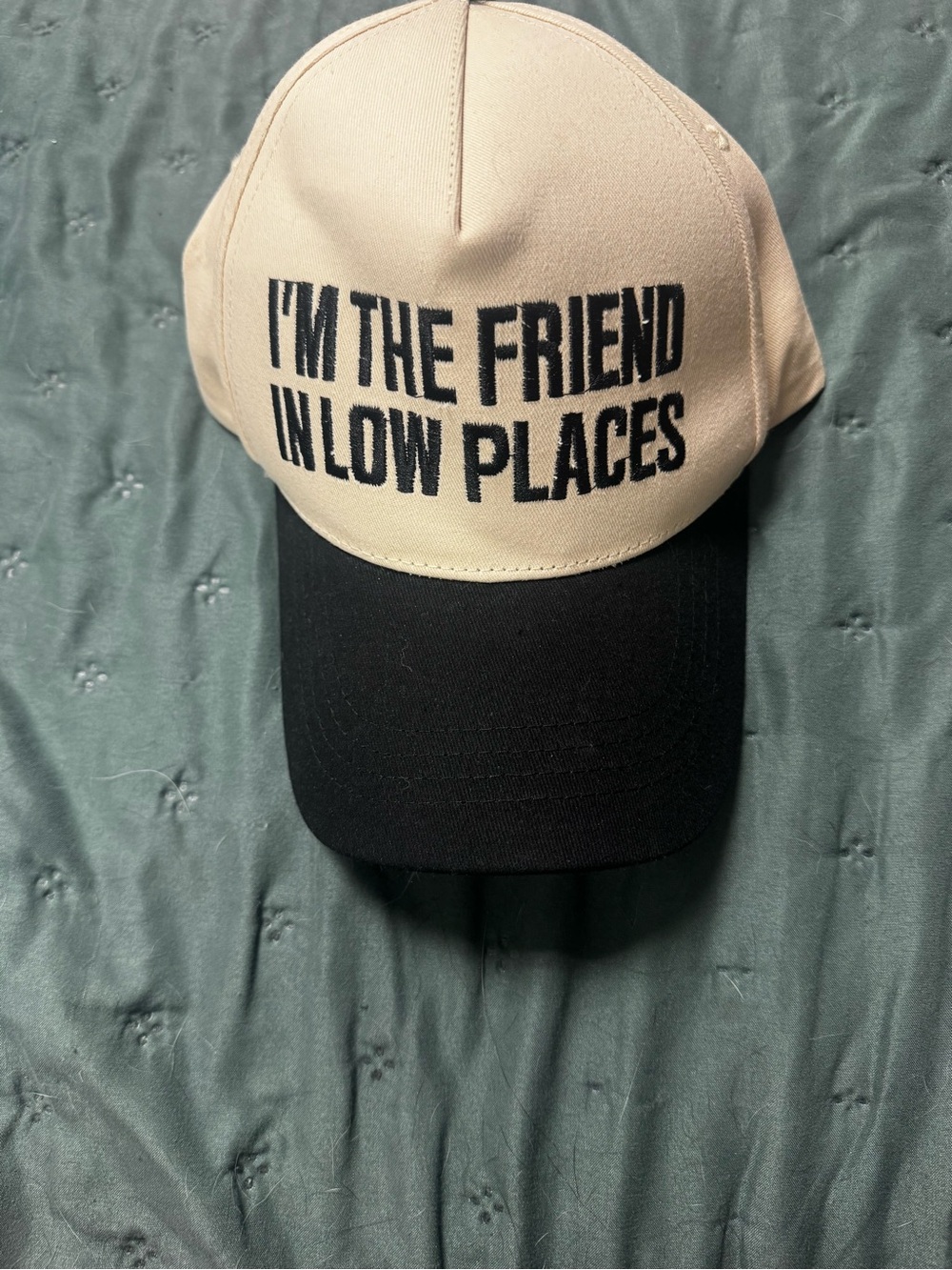 Beige and Black Statement Cap - "I'm The Friend In Low Places"